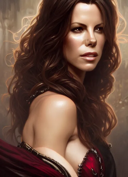 Prompt: portrait of kate beckinsale as a vampire lord, jewelry, greek, ruby, intricate, headshot, highly detailed, digital painting, artstation, concept art, sharp focus, cinematic lighting, illustration, art by artgerm and greg rutkowski, alphonse mucha, cgsociety