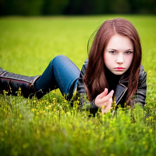 Image similar to young girl lies on a meadow, she wears leather jacket, jeans and black boots, intricate, sharp focus, photo taken by nikon, 4 k, studio lightning