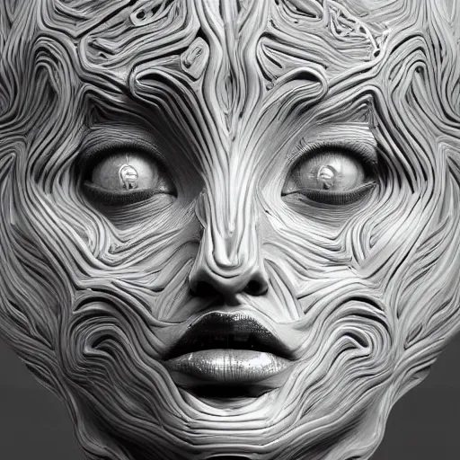 Image similar to highly detailed portrait abstract sculpt from artstation beautiful female face and black swirling concrete acrylic portrait, black latex sculpt, close up portrait, mechanical superstructure, sacred geometry, glowing edges, magic hour, beautiful light, sculpture of carving marble, dark colors, dark mood, one point light, clockwork, epic matte painting, concept art, bokeh, digital painting