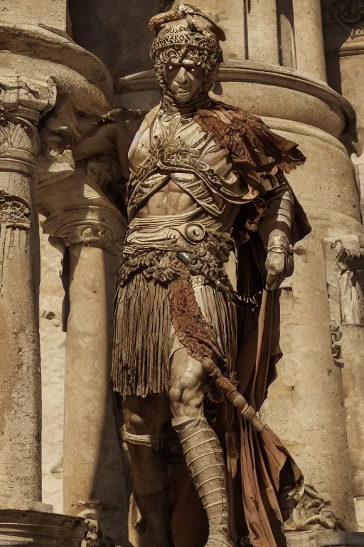 Prompt: a photo of julius caesar wearing a toga, ancient roman setting, dynamic pose, close - up, intricate details, intricately detailed clothing, intricate textures, warm lighting, vivid colors, smoke and mist, realistic octane render, hyper realistic render, volumetric shading, depth of field, raytracing, 8 k,