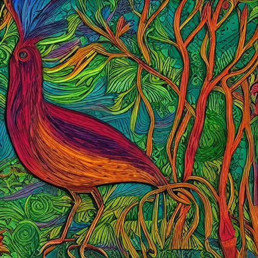 Image similar to A beautiful experimental art of a bird in its natural habitat. The bird is shown in great detail, with its colorful plumage and intricate patterns. The background is a simple but detailed landscape, with trees, bushes, and a river. Labyrinth Pan's by ROA, by Roman Vishniac doom