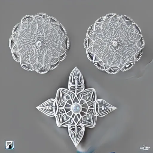 Image similar to filigree nordic jewelry isolated on white background and a flower in the background, refraction, occlusion, lower and upper levels, keyshot render, octane render, vray render