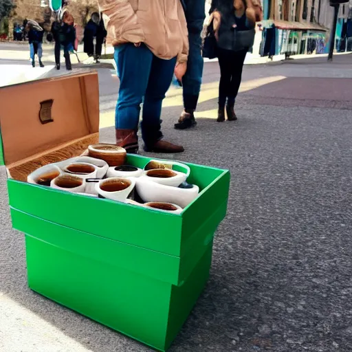 Prompt: snoofkin drinking coffee on green boxes in the street