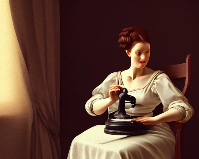 Prompt: beautiful vintage woman sitting in a loveseat using a rotary phone, cinematic lighting, caravaggio, artstation