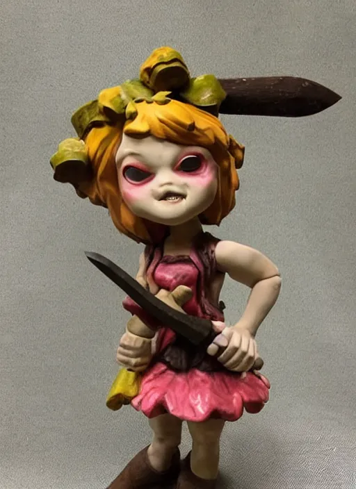 Prompt: an ominous femo figurine of a cute funny axe wielding fairy with freckles wearing a frilly floral torn dress featured on left 4 dead by studio ghibly and disney, carrying a woodcutter's hatchet, dark and moody, wide angle, dynamic dancing pose, 🎀 🪓 🧚