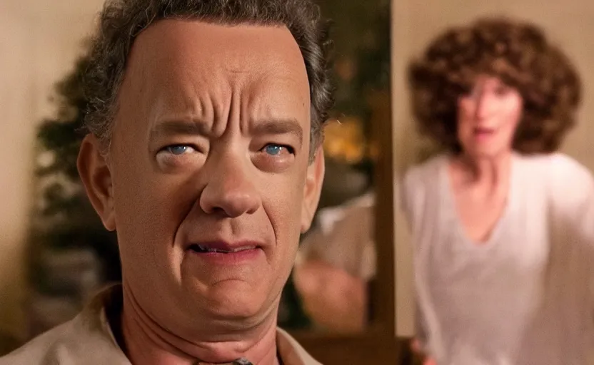 Image similar to Tom Hanks dressed as a woman as my mom, movie still frame, oscar nominated cinematography, volumetric lighting, 8k resolution, beautiful composition