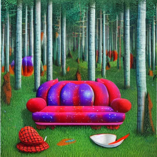 Image similar to psychedelic couch sofa in the pine forest, goose, milky way, designed by moebius, rob gonsalves, gustav dore, giuseppe arcimboldo and carl barks, louis wain, trending on artstation, canada, star, sharp focus, colorful refracted sparkles and lines, soft light, 8 k 4 k