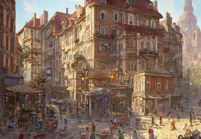 Image similar to pixel art of an old european city, summer season, a realistic digital painting by greg rutkowski and james gurney, trending on artstation, highly detailed