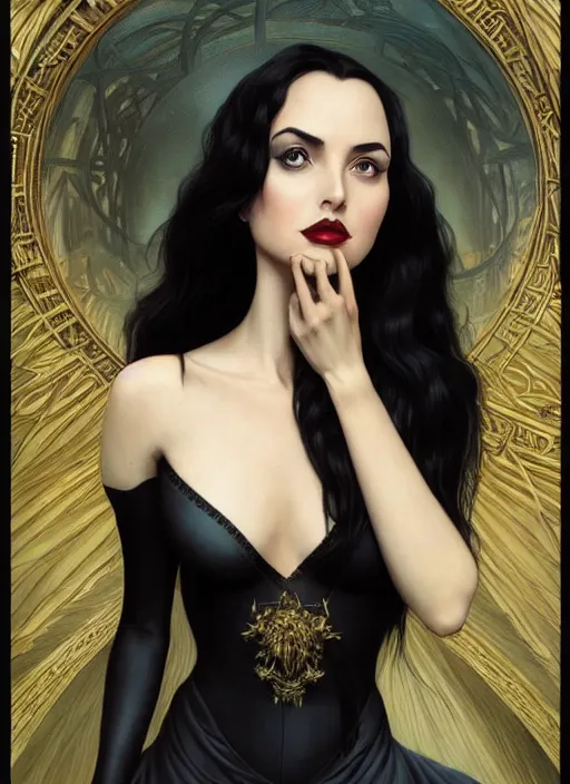 Image similar to ana de armas as morticia addams, masterpiece, intricate, elegant, highly detailed, digital painting, artstation, concept art, smooth, sharp focus, illustration, art by artgerm and greg rutkowski and alphonse mucha and uang guangjian and gil elvgren and sachin teng, symmetry!!