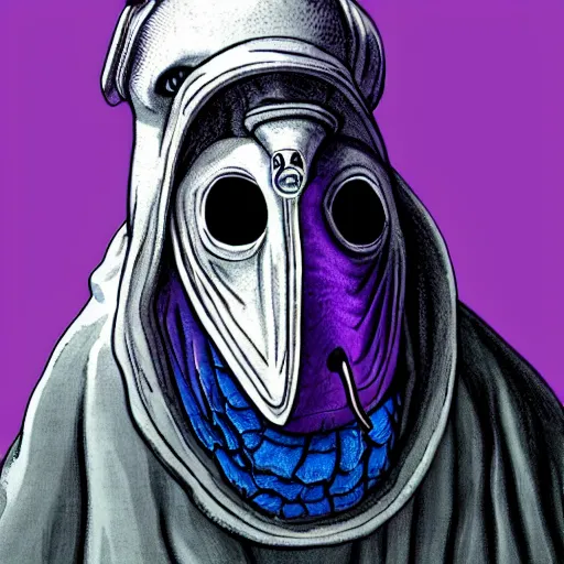 Image similar to A 4 legged tall alien creature with a hump covered in blue and magenta feathers, a long boney neck and face representing a plague doctor mask, high quality, hyper realistic