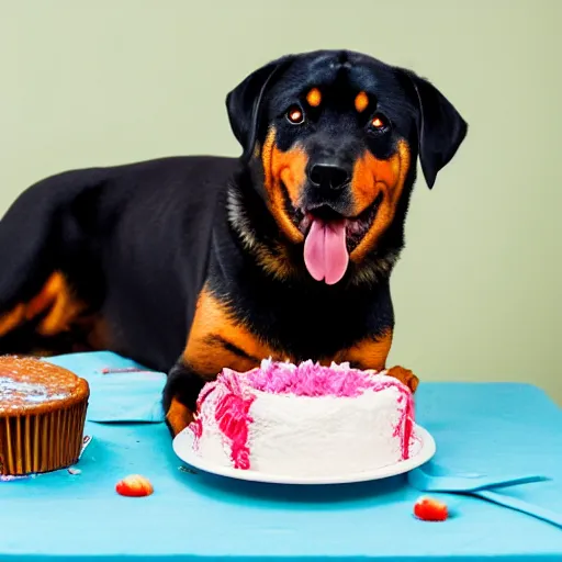 Prompt: a high - quality photo of a cute rottweiler with a half - eaten birthday cake and champagne, 4 5 mm, f 3. 5, sharpened, iso 2 0 0, raw, food photography