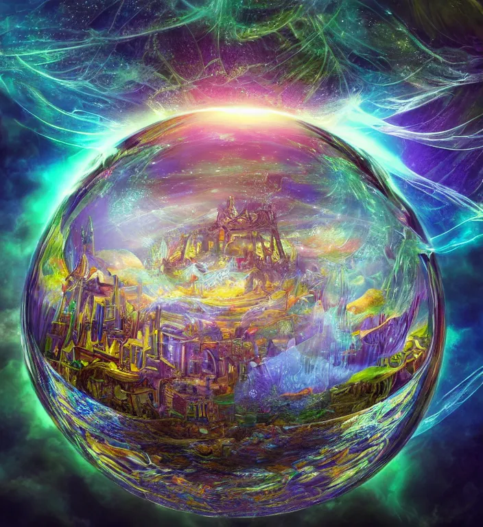 Image similar to a magical and exquisite fantasy illustration of an intricate and faceted crystal ball with a world inside of it + dissolving in to light + prism + god rays + dramatic lightning + backlit + specular highlights + ambient occlusion + global illumination + bump map + reflective + caustics + refractive + unreal engine 5 + DOF + sharp focus, digital artwork by Dan Mumford