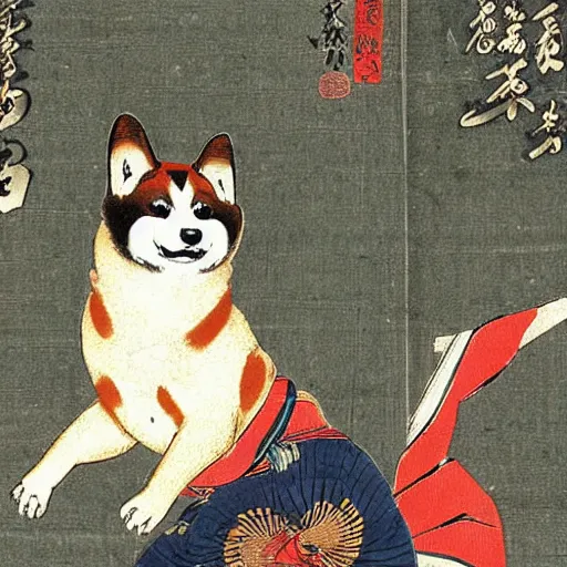 Image similar to shiba inu ninja on a birthday card, highly detailed, 1 8 th century japanese painting,