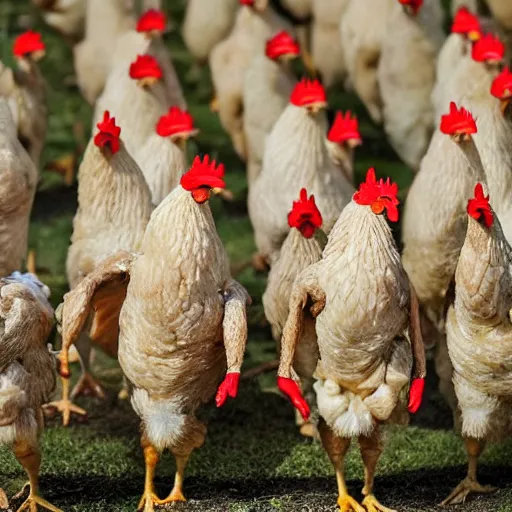 Image similar to an army of chickens in soldier outfits ready to charge