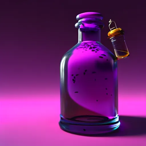 Prompt: hyper realistic poison bottle, purple liquid inside. background is an ancient laboratory. dnd style, ultra detailed, trending on artstation, concept art, octane render, unreal engine 5, 8 k rendering.