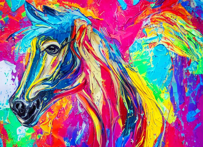 Image similar to abstract expressionist mid shot portrait of a horse made of very thick impasto paint and acrylic pour and coloured powder explosion and splashing paint and dripping paint and flying paint chunks, eyes closed or not visible, expressing strong emotions, motion blur, hyperrealistic, intricate art photography, anatomically correct, realistic crisp textures, 1 6 k