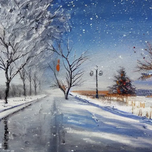 Prompt: painting depicting all four season in one, concept art, artstation, detailed, impressionism, oil on canvas, snow on the ground