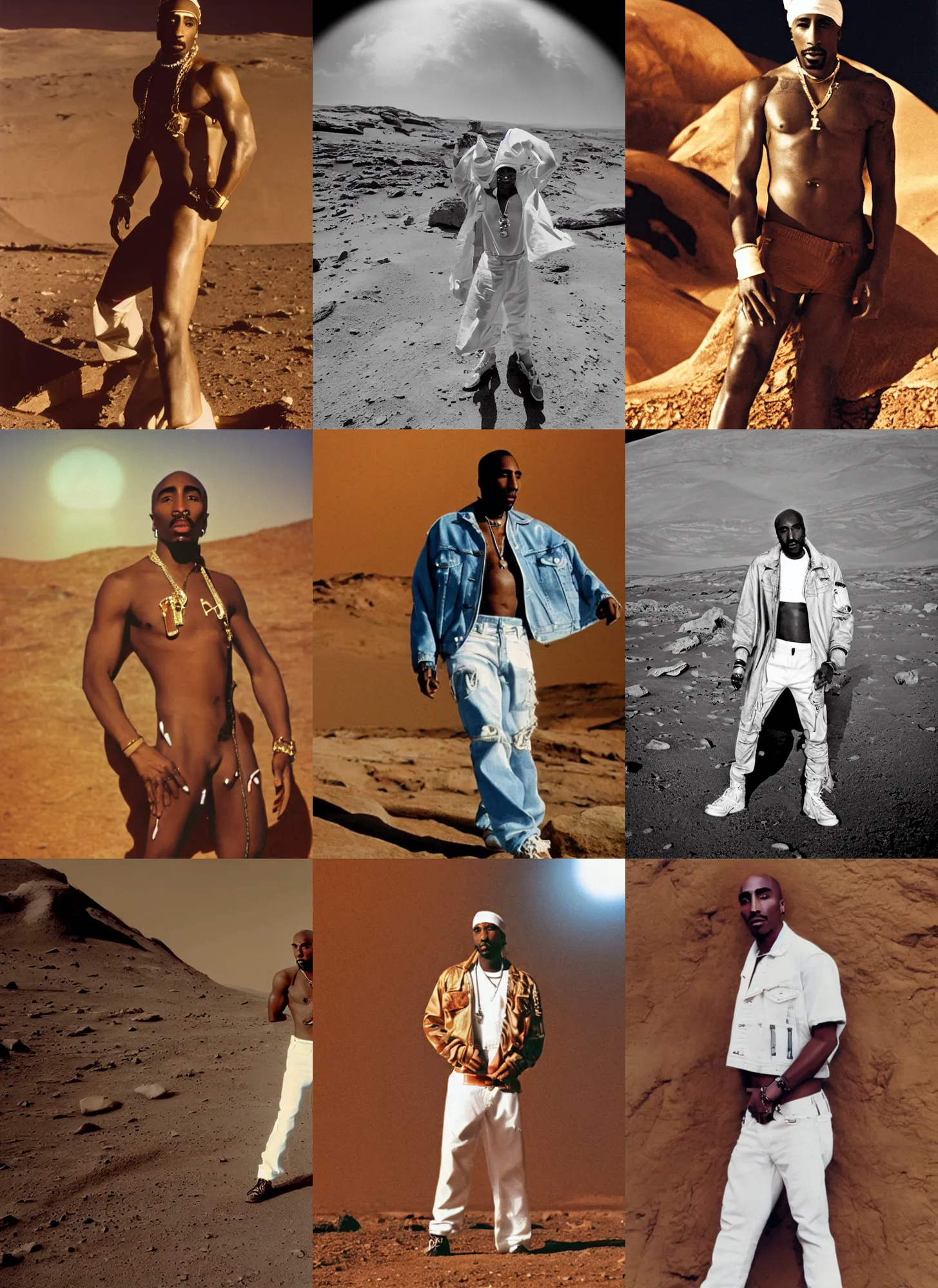 Prompt: an aesthetic 8 k futuristic official photograph of tupac shakur posing shirtless on mars wearing a huge torn up light brownish coat and y 2 k white pants