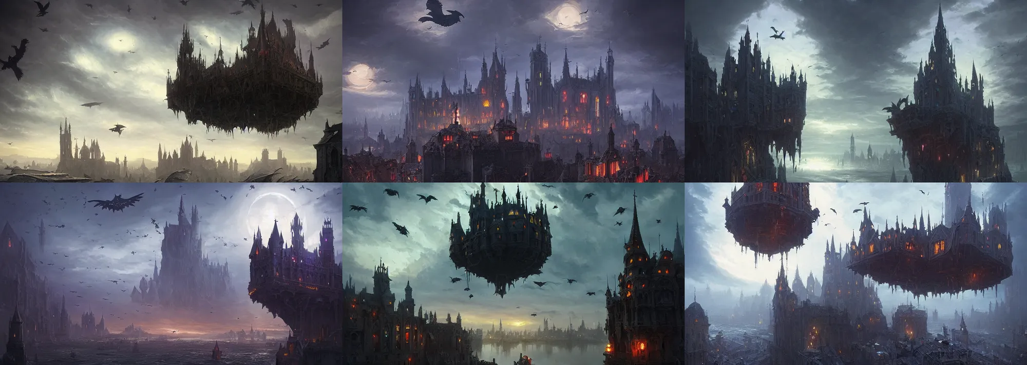 Prompt: a solitary floating flying castle with futuristic gothic magical architecture hovering in the sky above a medieval city, by Greg Rutkowski and Raphael Lacoste and Dan Mumford, detailed, volumetric lighting, swarms of ravens, sorcerous magic, dusk