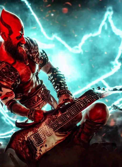 Image similar to red face paint armored screaming kratos rocking out on a flaming stratocaster guitar, cinematic render, god of war 2 0 1 8, playstation studios official media, lightning, flames, left eye red stripe, red left eye stripe, left eye red stripe, red left eye stripe, clear, coherent, guitar