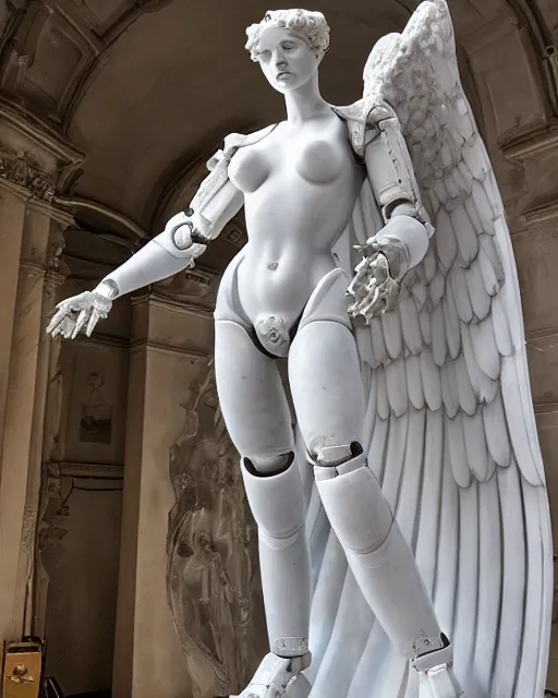 Image similar to marble sculpture of female angel with solarpunk mecha humanoid robotic parts with bright led lights, pudica pose gesture, by michelangelo, in white room, ultra - realistic and intricate, hdr 8 k