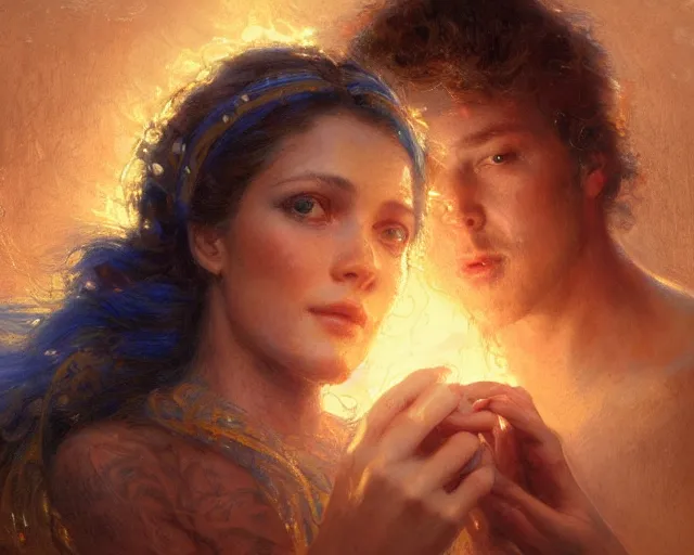 Prompt: Woman holding her index finger outward, about to place her fingertip onto a vibrant, radiant star, illustrated by Gaston Bussiere and Greg Rutkowski, beautiful dappled lighting, gorgeous volumetric lighting, a beautiful side-portrait image, inspirational artwork, intricate, brightly colored, vividly enhanced, trending on artstation, 4k, 8k