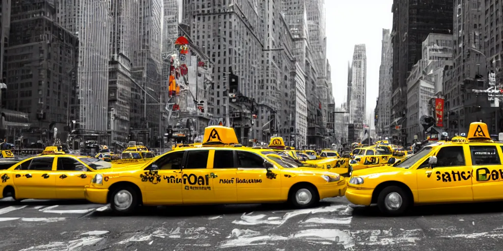 Image similar to spongebob hailing a taxi in manhattan, shallow depth of field, canon eos r 3