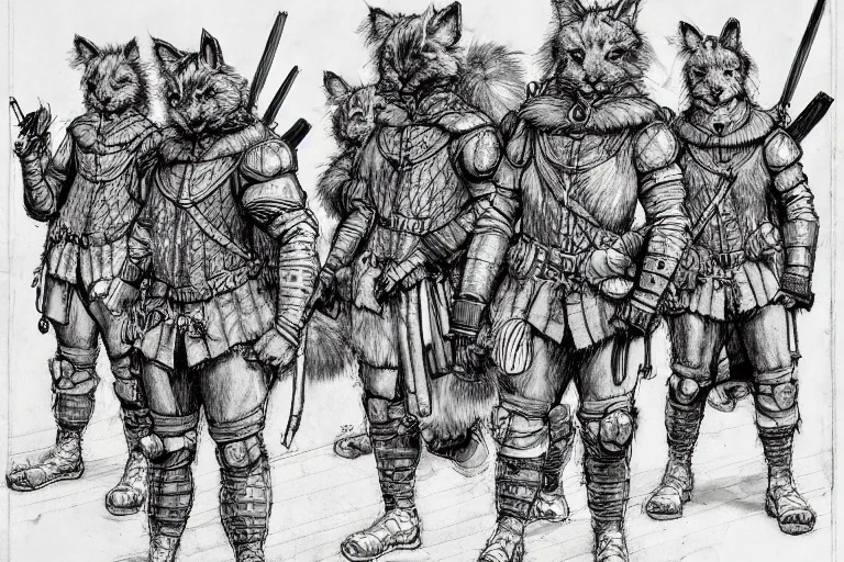 Prompt: pen and ink study of a group of furry soldiers with animal ears in a in a late renaissance city, key visual with intricate linework, in the stlye of kim jung gi and moebius