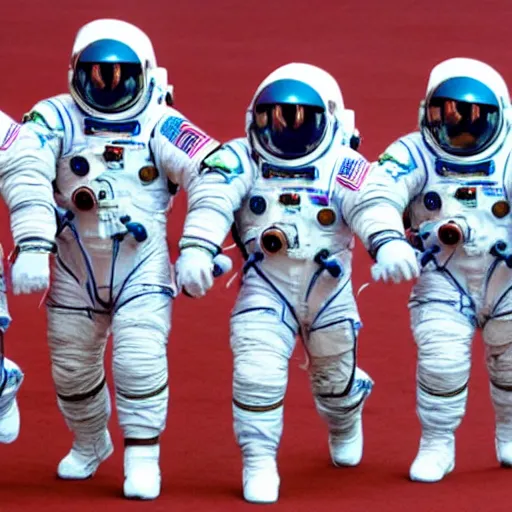 Image similar to 5 space astronauts in spacesuits of different colors, running in a relay race in a stadium, olympic games