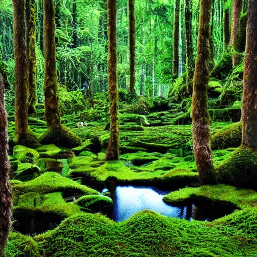 Image similar to A wide shot by a extremely high resolution digital camera of enchanted forest. Genetically modified magic moss, covering the ground, barely seen lake beneath it.