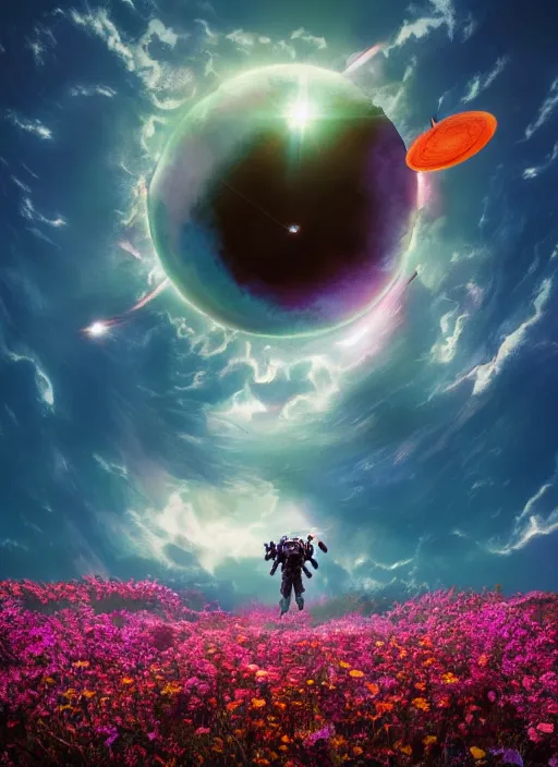 Image similar to An epic fantastic realism comic book style painting of the most beautiful flowers launched into space, bouquets, solar eclipse, fisheye, unreal 5, DAZ, hyperrealistic, octane render, dynamic lighting