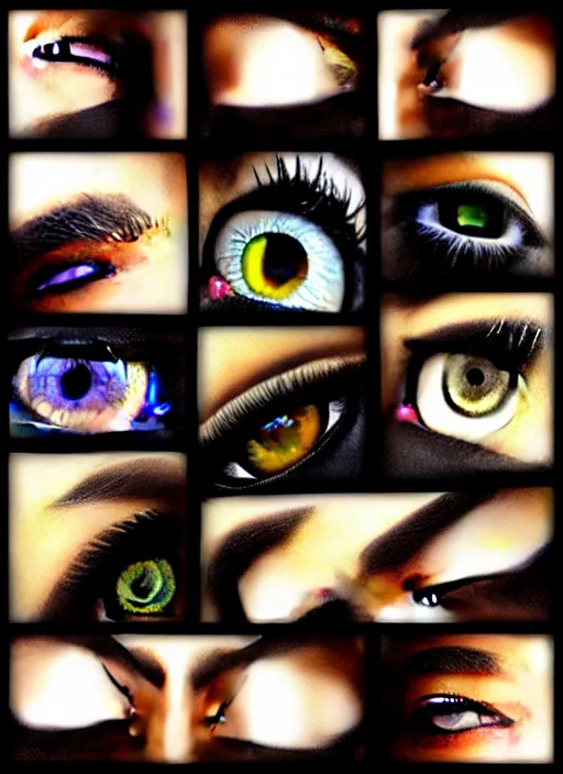 Image similar to grid montage of cube shaped eyes, square shaped black dilated pupils, cube shaped irises, detailed colored textures, eyelashes, advanced art, art styles mix, from wikipedia, wet reflections in square eyes, sunshine light, hd macro photograph, from side, various eyelid positions, square black pupil centered