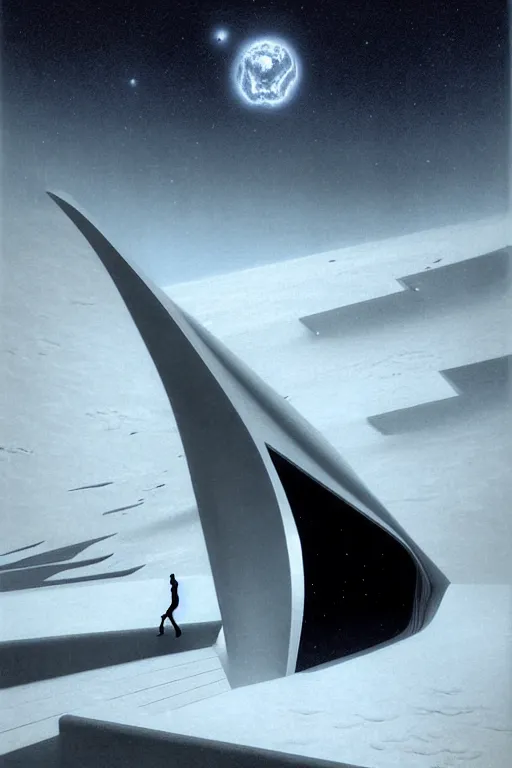 Image similar to emissary snowy space by arthur haas and bruce pennington and john schoenherr, cinematic matte painting, zaha hadid building, photo realism, dark monochrome color palate, small woman silhouette