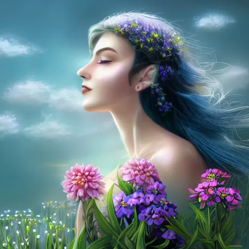 Image similar to a picture of a dreaming woman with flowers grow out of hair, roses peonies forget-me-nots dahlias lupins gladioli, sky theme in background, Digital Art, Trending on artstation