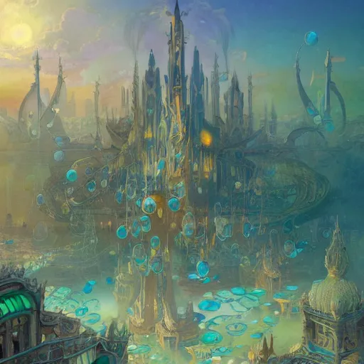 Image similar to a beautiful stunning fantasy whimsical matte digital storybook watercolor painting a cityscape of the underwater city of Atlantis, art nouveau, bubbles splash shells fish details, pastel color palette, by Alphonse Mucha and Tyler Edlin, trending on artstation hq