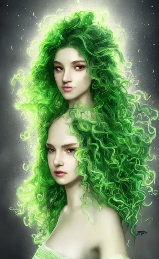 Image similar to a young woman with wild, curly hair and bright green eyes. she's wearing a flowing dress made of light, airy fabric and she has a mischievous look on her face, dynamic lighting, photorealistic fantasy concept art, trending on art station, stunning visuals, creative, cinematic, ultra detailed