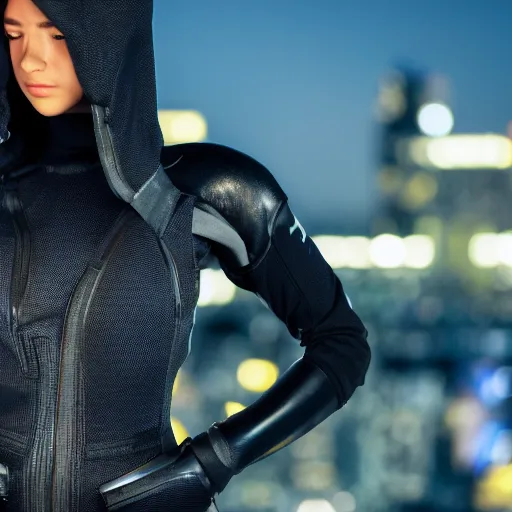 Image similar to photographic portrait of a techwear woman, closeup, on the rooftop of a futuristic city at night, sigma 85mm f/1.4, 4k, depth of field, high resolution, 4k, 8k, hd, full color