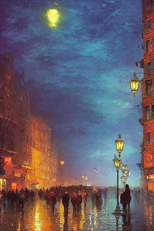 Prompt: the mad king in disguise, walking through the crowded streets of the city of blood and prisms, night skies, dramatic light, hyperrealistic, colorful skies, digital art, vray, mythical, john atkinson grimshaw, ivan aivazovsky, leonid afremov