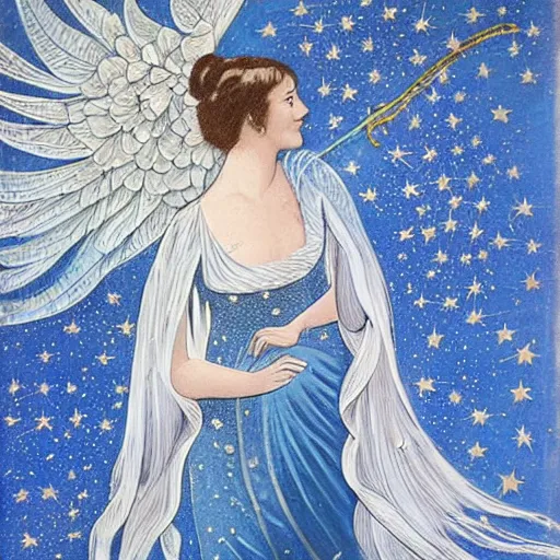 Image similar to The body art features a woman with wings made of stars, surrounded by a blue and white night sky. The woman is holding a staff in one hand, and a star in the other. She is wearing a billowing white dress, and her hair is blowing in the wind. Pride & Prejudice, papaya whip by Pamela Coleman Smith ordered, a e s t h e t i c