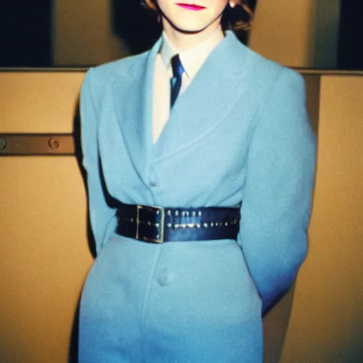 Prompt: emma watson, flight attendant, award winning, kodak ektachrome expired blue tint,