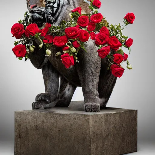 Image similar to a statue of a tiger [ fabricated with [ roses ]!! ], [ 4 k photorealism ]!!, shot by jimmy nelson, irving penn, peter kemp, hans bellmer, and slim aarons