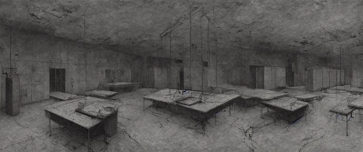 Image similar to dark soviet abandoned laboratory room by Zdzisław Beksiński,