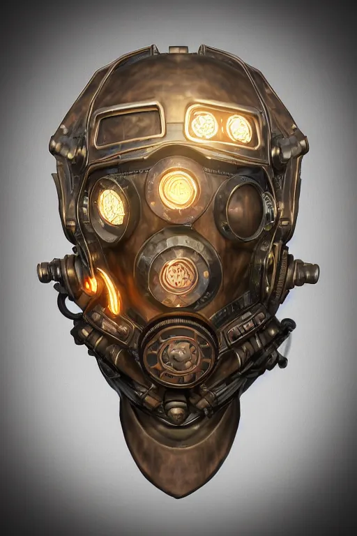 Image similar to steampunk mask minimalist fantasy art robot ninja helmet, global illumination ray tracing hdr fanart arstation by sung choi and eric pfeiffer and gabriel garza and casper konefal radiating a glowing aura