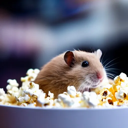 Prompt: a hamster sitting on top of a bucket of popcorn at the movie theater, close up, dslr photo