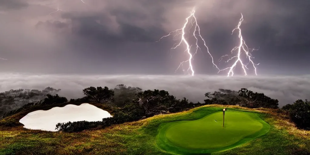 Image similar to a great photograph of the most amazing golf hole in the world, on top of the clouds, lightning storm, ambient light, golf digest, top 1 0 0, fog