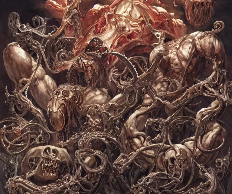 Image similar to elegant renaissance painting of biomechanical warhammer final boss bodybuilder vecna battle, art by alex ross and peter mohrbacher, epic biblical depiction, flesh and bones, fangs, teths and tentacles, corpses and shadows!