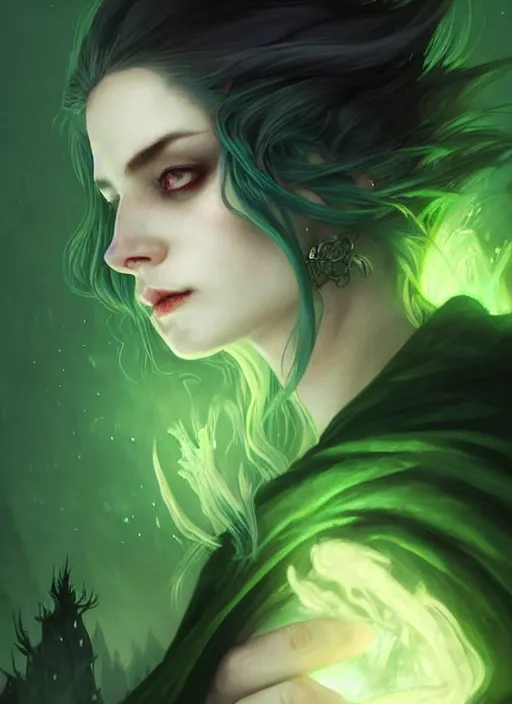 Prompt: side portrait dark witch with hood, adventurer outfit large cloak, fantasy forest landscape, moonshine, fantasy magic, undercut hairstyle, short green black fade hair, dark light night, intricate, elegant, sharp focus, illustration, highly detailed, digital painting, concept art, matte, art by WLOP and Artgerm and Greg Rutkowski and Alphonse Mucha, masterpiece
