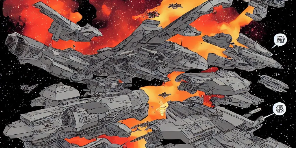 Prompt: an epic spaceship battle in low earth orbit between two waring factions, lasers and explosions. laurie greasley.