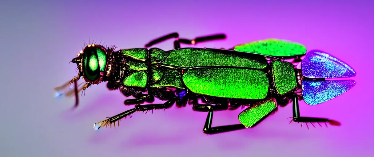 Image similar to high quality macro photo iridescent cyborg fly! jeweled very beautiful! highly detailed digital art david ligare elson peter cinematic purple neon lighting high quality low angle hd 8k sharp shallow depth of field