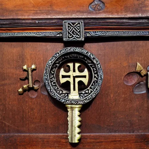 Prompt: a large ornate key with gems and engraved runes, on a wooden dungeon table, d & d, photo